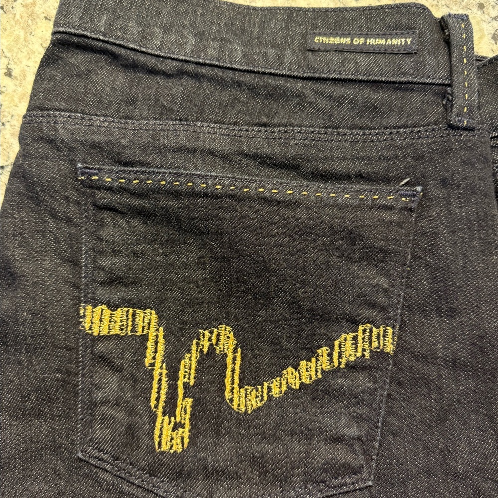 Citizens of Humanity Dark Blue with Metallic gold hardware and stitching
